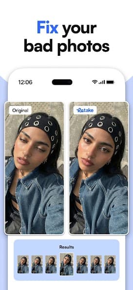 Retake AI app screen showing AI retake preview